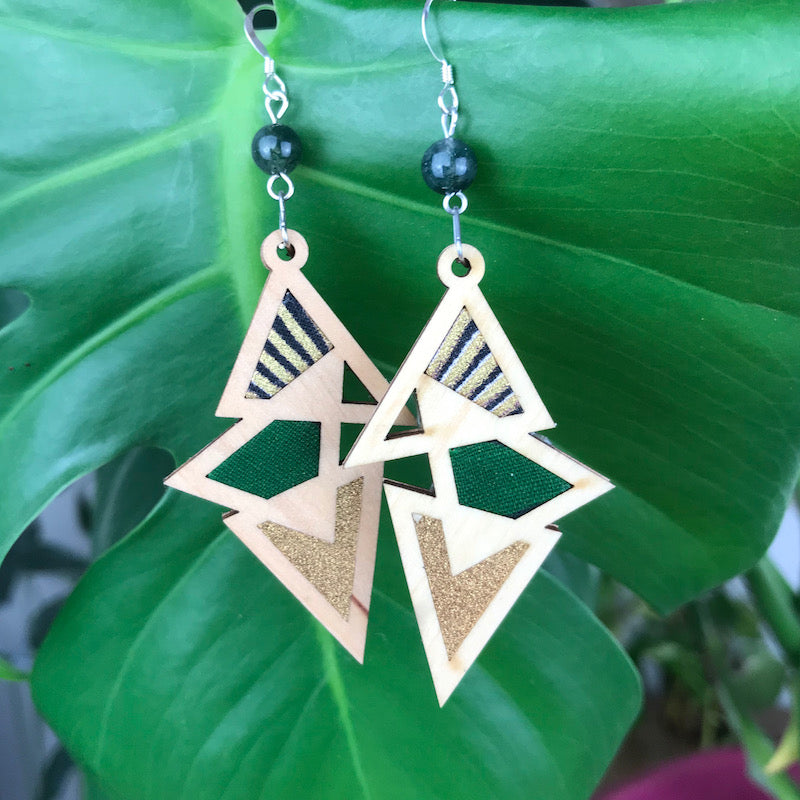 Boucle d'oreille - Triangulaire - Vert doré