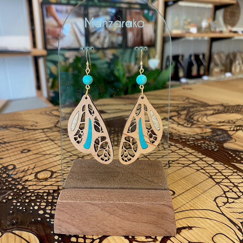 Boucle d'oreille - Aile de Papillon - Bleu turquoise doré